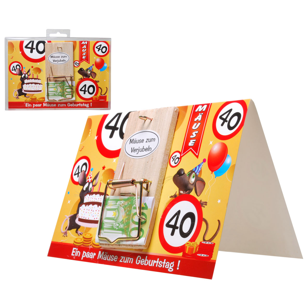 Glückwunschkarte mit Mausefalle zum 40. Geburtatag