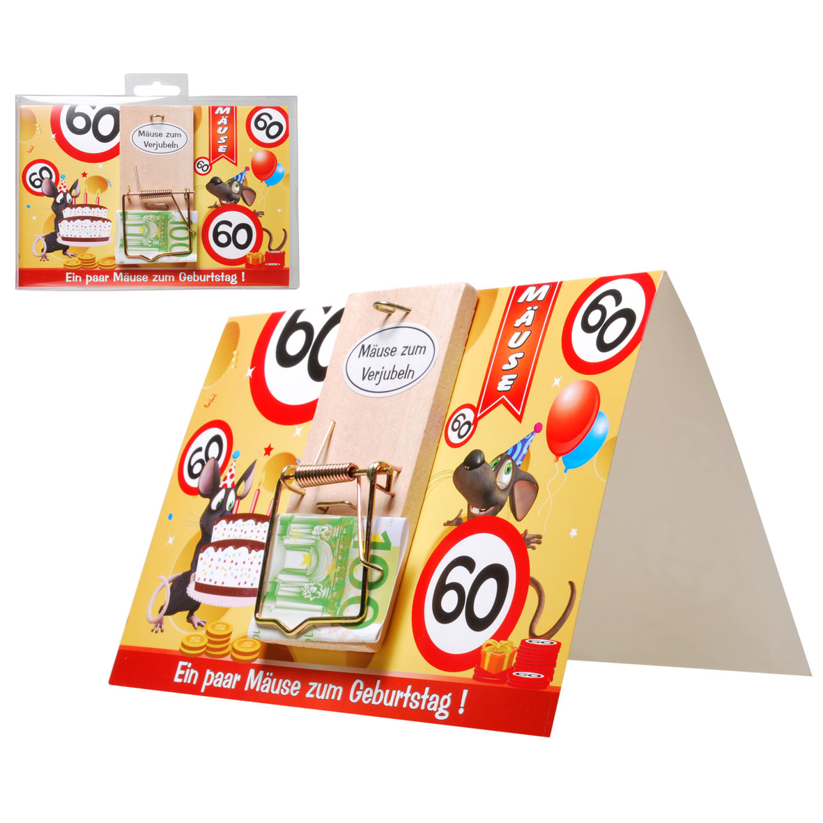 Glückwunschkarte mit Mausefalle zum 60. Geburtatag