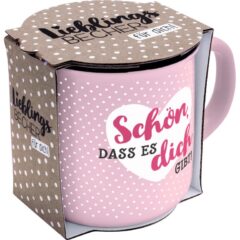 Sheepworldbecher in rosa mit weißen Punkten und Aufdruck von 2 Herzen und Spruch