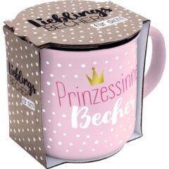 Sheepworldbecher in rosa mit weißen Punkten und Aufdruck in Form einer kleinen goldenen Krone und Spruch