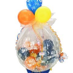Geschenkballon in blau, gelb und orange verpackt in Folie zum 70. Geburtstag