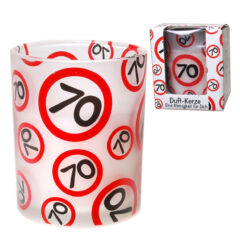 Duft-Kerze “70. Geburtstag” Verkehrsschild-Motiv, mit und ohne Verpackung