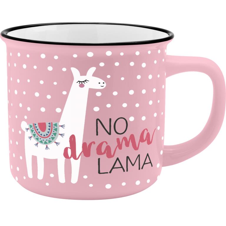 Sheepworldbecher in rosa mit weißen Punkten und Aufdruck in Form eines Lamas und Spruch "No Drama Lama"