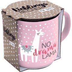 Sheepworldbecher in rosa mit weißen Punkten und Aufdruck in Form eines Lamas und Spruch