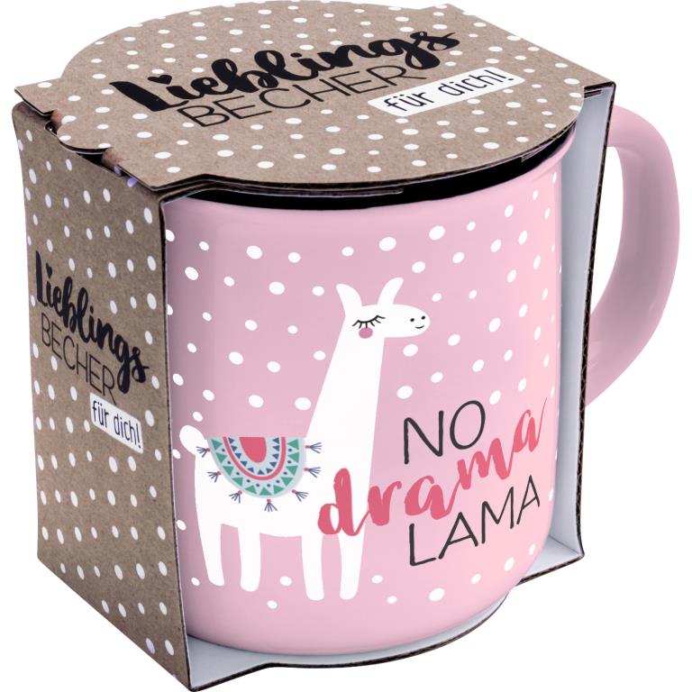 Sheepworldbecher in rosa mit weißen Punkten und Aufdruck in Form eines Lamas und Spruch "No Drama Lama" in Geschenkbanderole