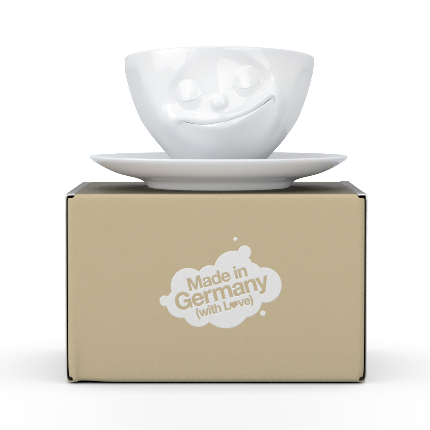 FiftyEight Kaffeetasse "Glücklich", Front mit Kartonage