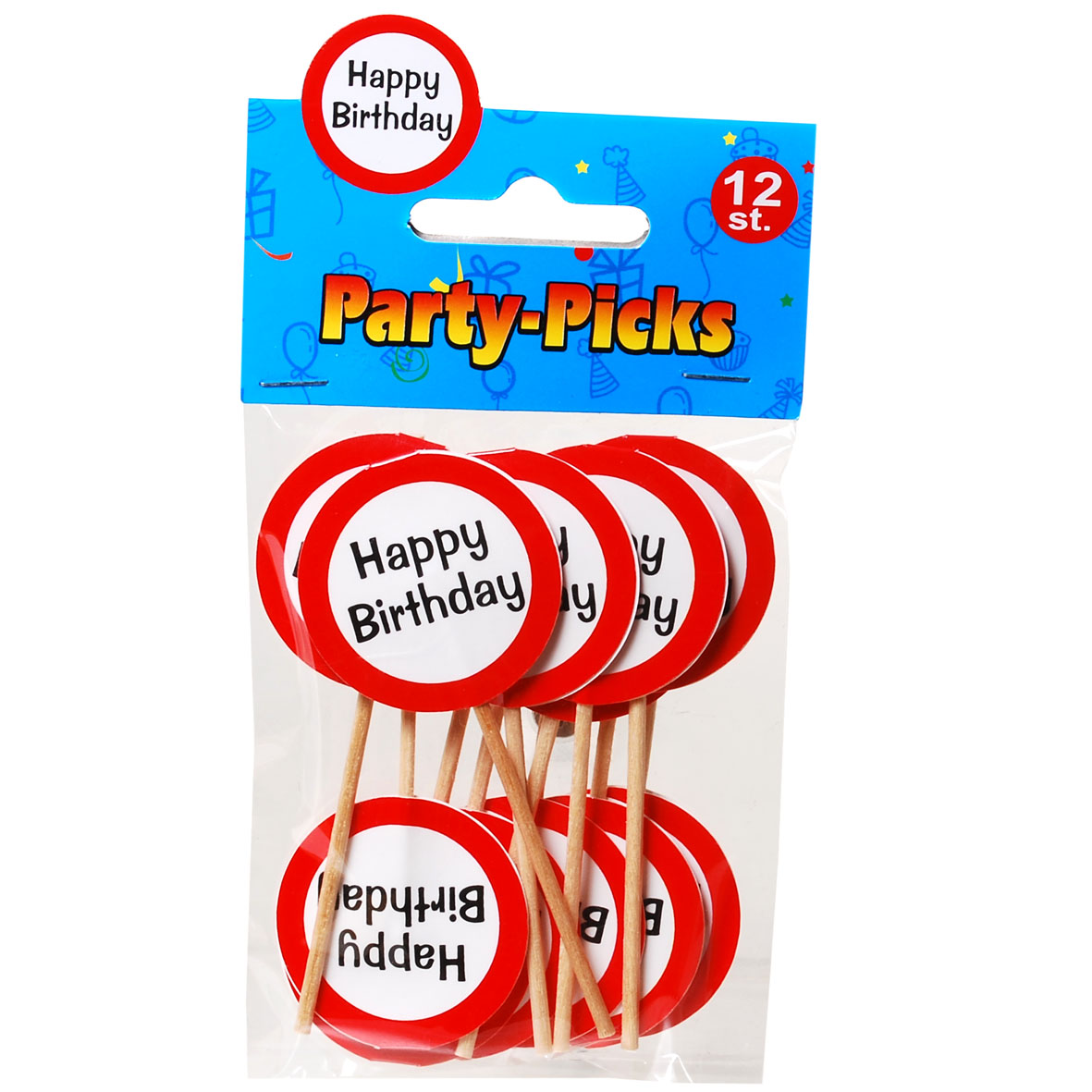 Party-Picks in Verkehrszeichen-Design auf Holzstab mit der Aufschrift Happy Birthday
