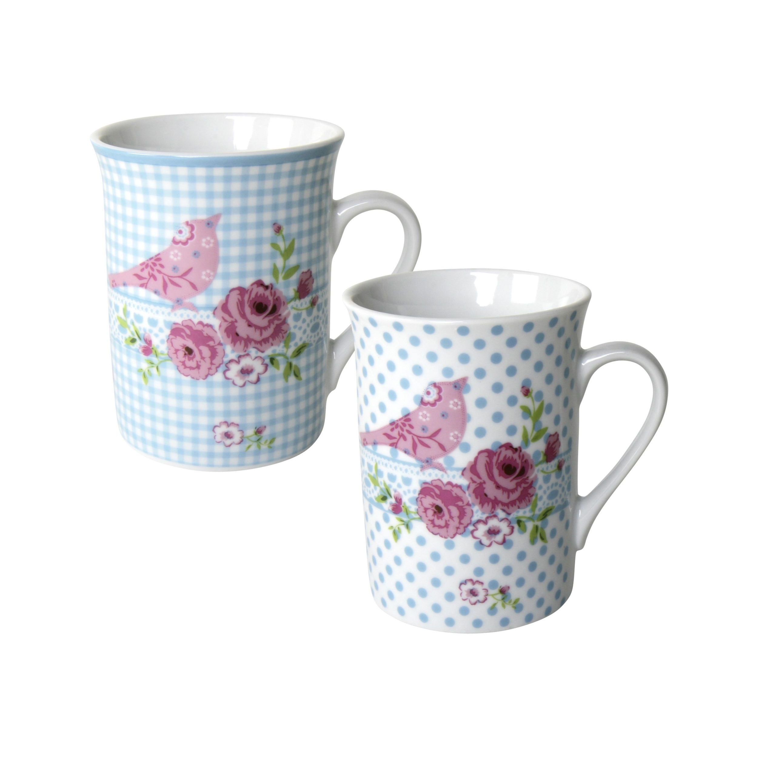 Becher "Frühling" im Landhausstil mit Vogel- und Rosenmotiven, gepunktet oder kariert