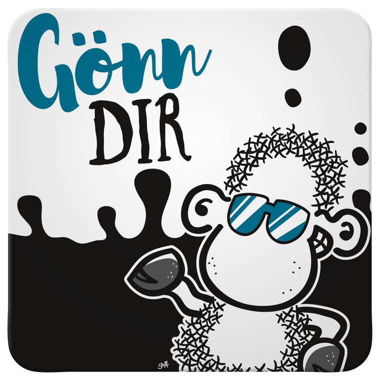 Sheepworld-Untersetzer mit Schaf-Motiv und dem Schriftzug „Gönn dir“ in Weiß, Schwarz und Blau