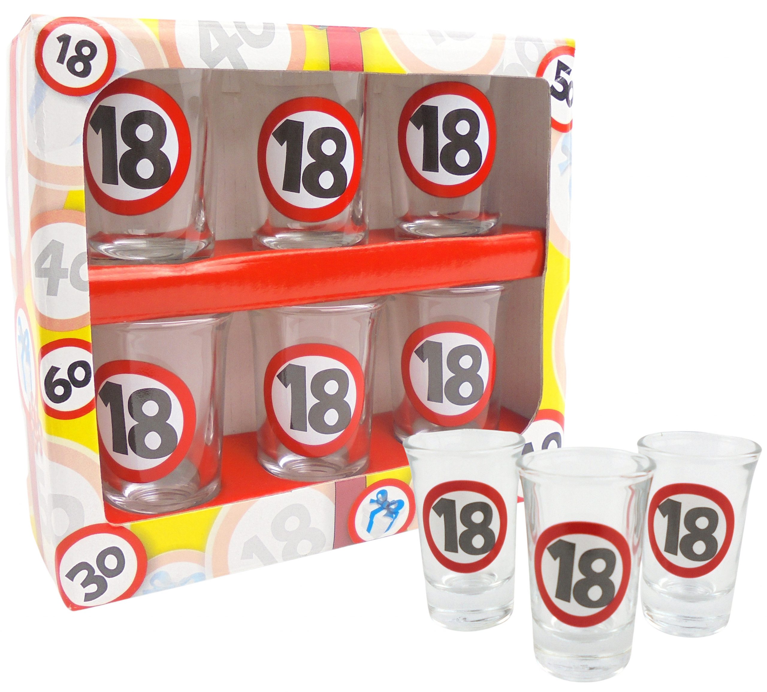 Schnapsgläser zum 18. Geburtstag mit Verkehrsschild-Motiv