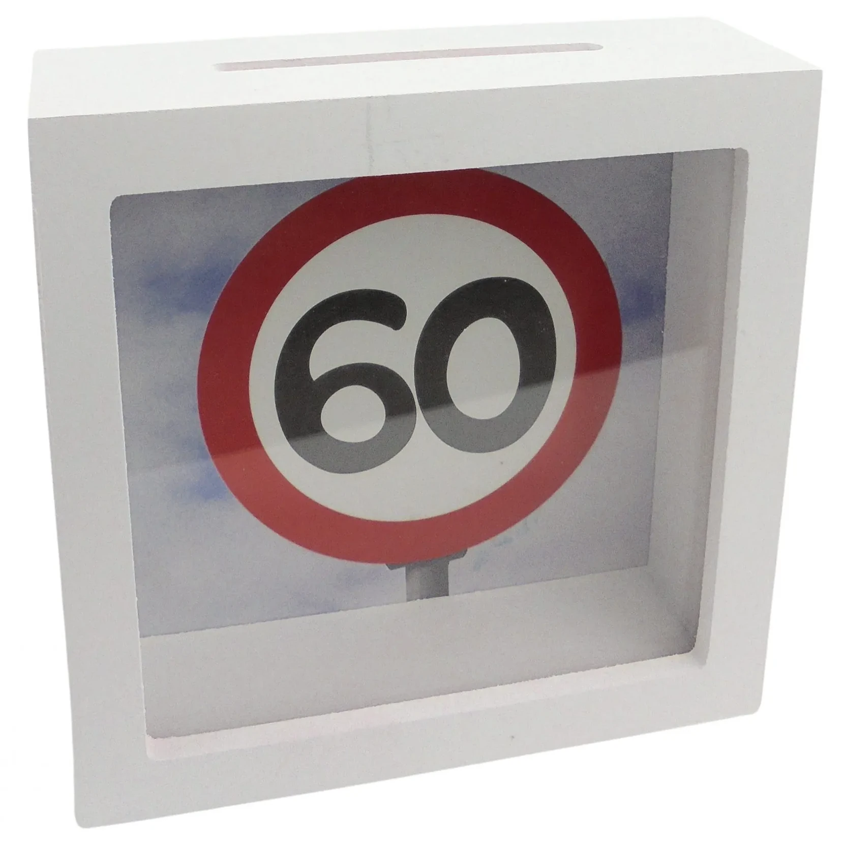 Spardose "60" mit Glasfront - Verkehrsschild