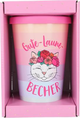 Stylischer To-Go-Becher mit Motiv und Spruch "Gute Laune"