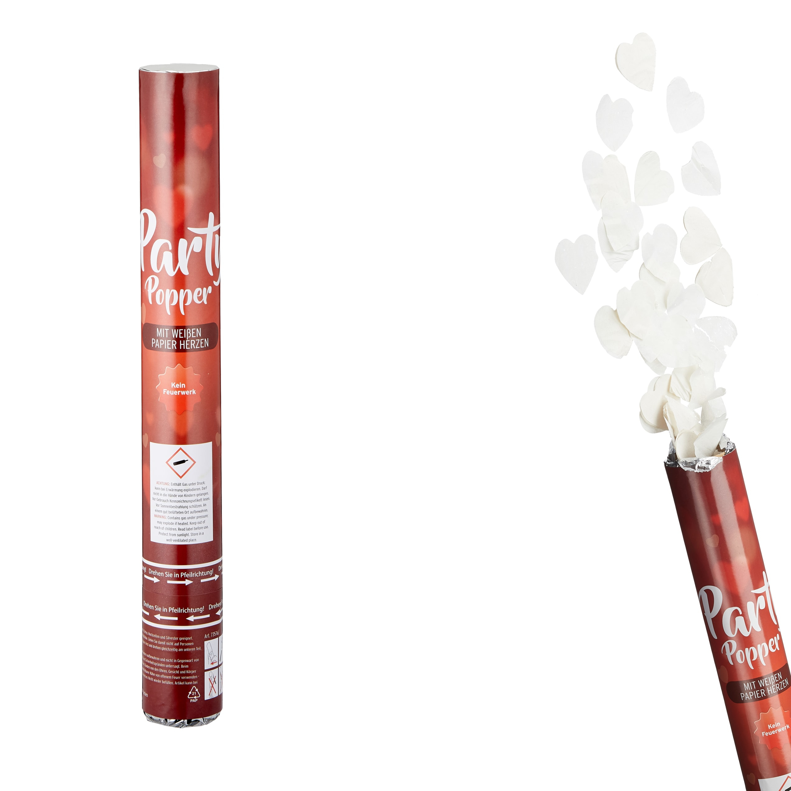 Party Popper "Weiße Herzen", 40 cm