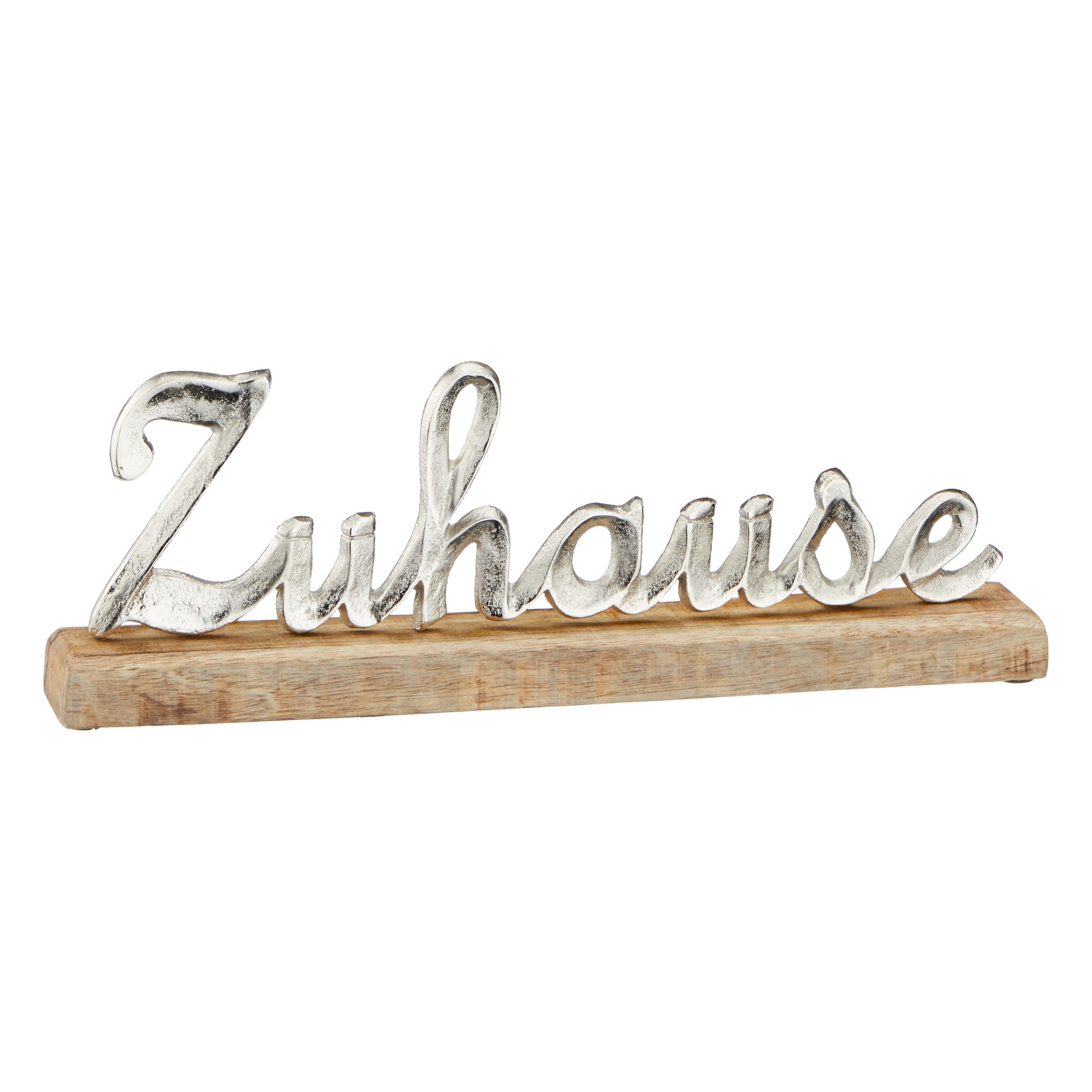 Schriftzug "Zuhause" aus Alu mit Holzsockel