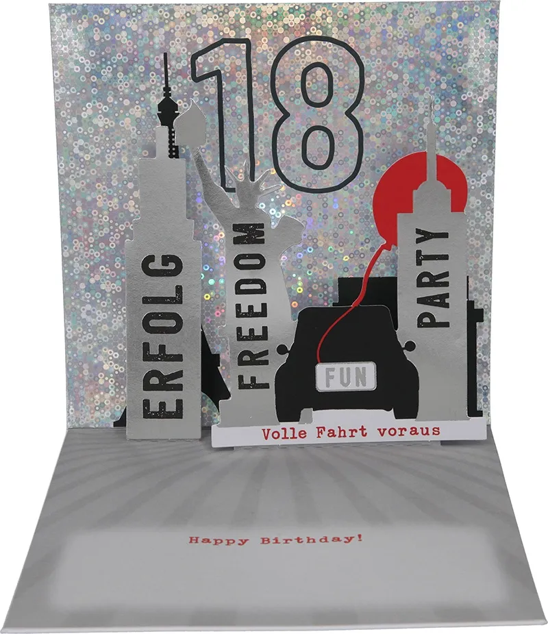 Pop-up-Musikkarte "Endlich 18" mit Licht-Effekt