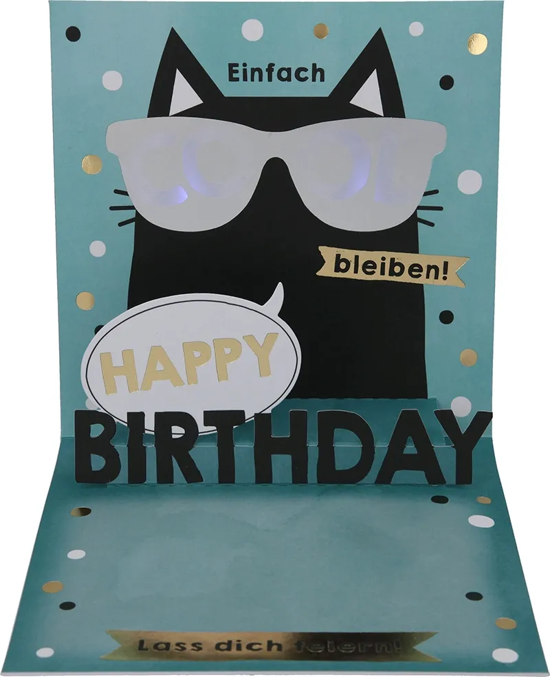 Pop-up-Musikkarte "Älterwerden ist nix für Pussies!" mit Licht-Effekt