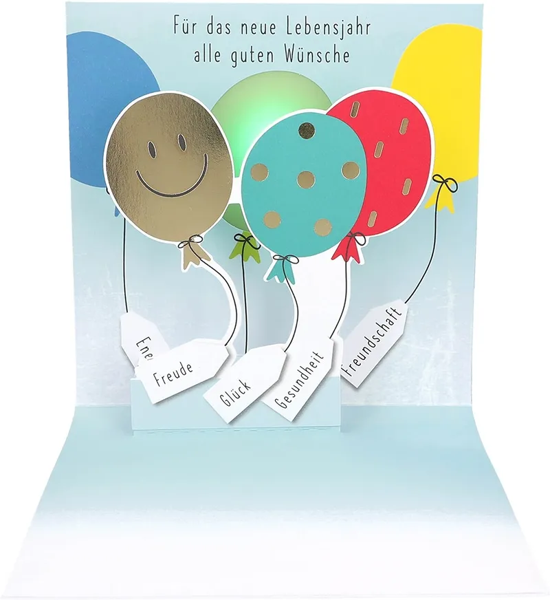 Pop-Up Musikkarte "Happy Birthday" Luftballons mit Licht-Effekt