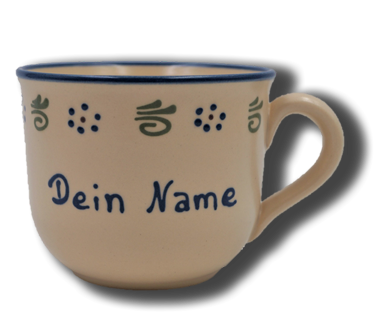 Handgemachte Jumbo-Tasse mit Wunschnamen/Wunschtext - Ammerland, mit blauer Schrift
