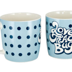 VW Käfer Kaffeetasse - Love that bug, in blau, Voder- und Rückseite