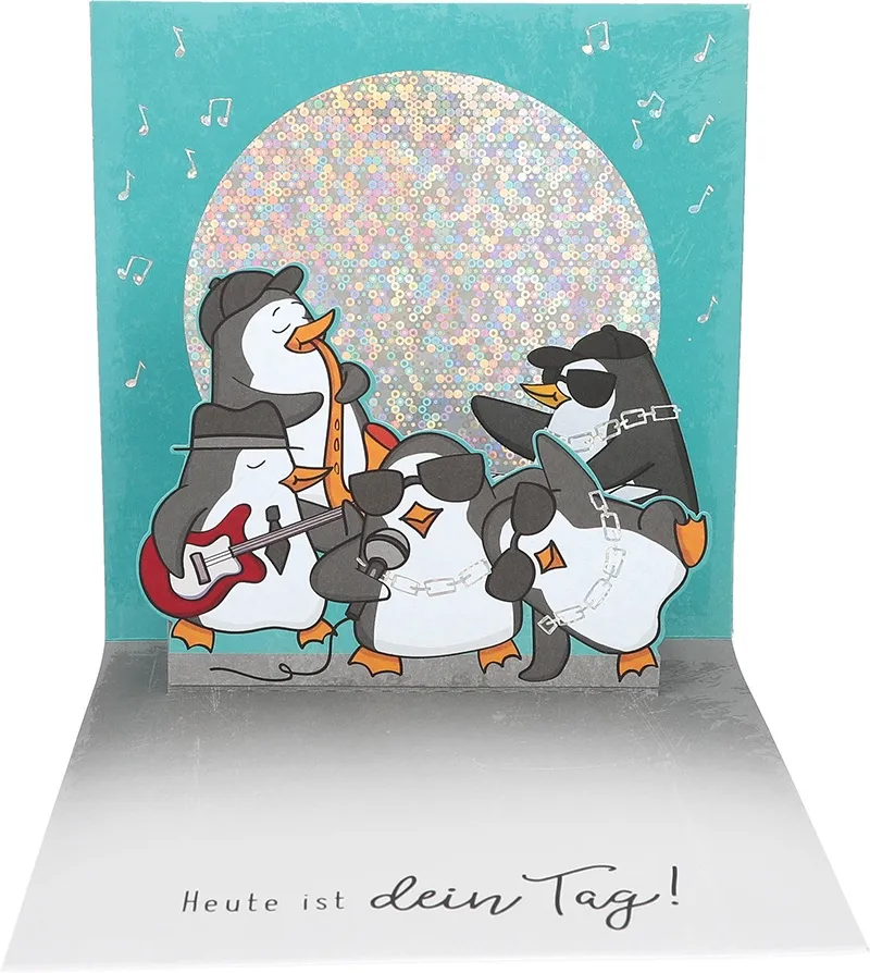 Pop-up-Musikkarte "Happy Birthday" Pinguine mit Licht-Effekt