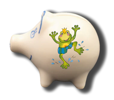 Handgemachtes Sparschwein Frosch (8 cm), mit Wunschnamen/Wunschtext