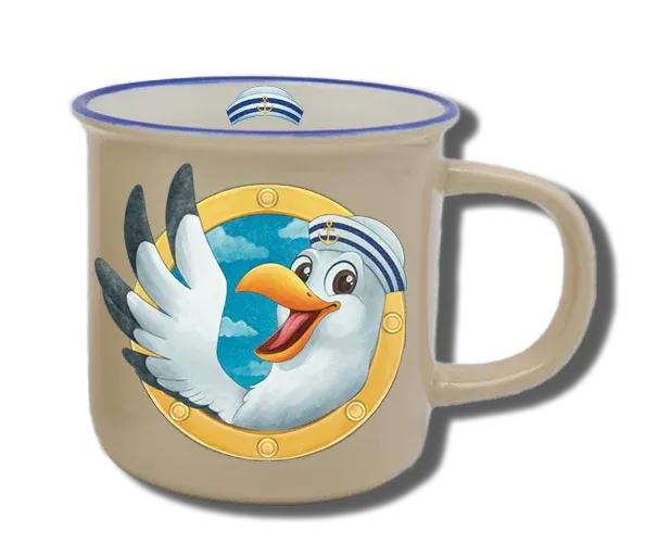 Handgemachte Tasse "Bullauge & Möwe" mit Wunschname