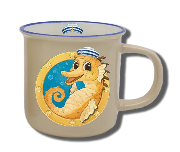 Handgemachte Tasse "Bullauge & Seepferdchen" mit Wunschname