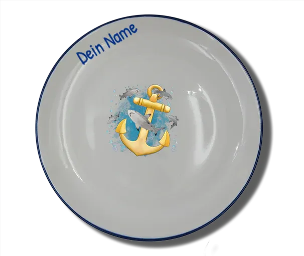 Handgemachter Teller (Ø 20cm) "Anker & Hai" Natur mit Wunschname