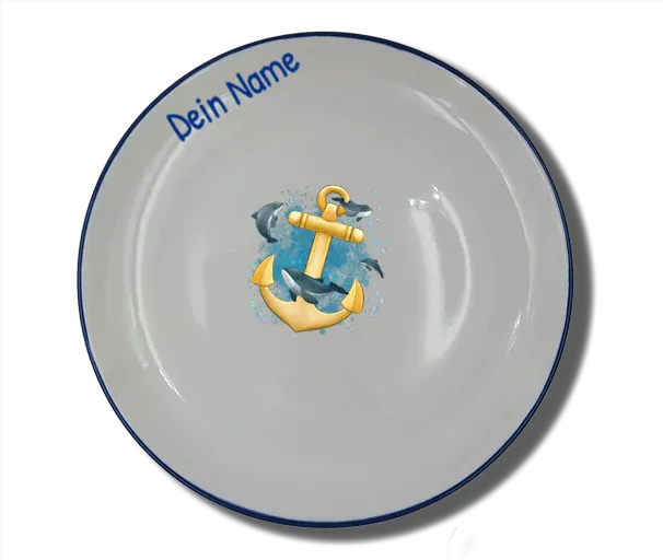 Handgemachter Teller (Ø 20cm) "Anker & Wal" Natur mit Wunschname