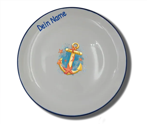 Handgemachter Teller (Ø 20cm) "Anker & Seestern" Natur mit Wunschname