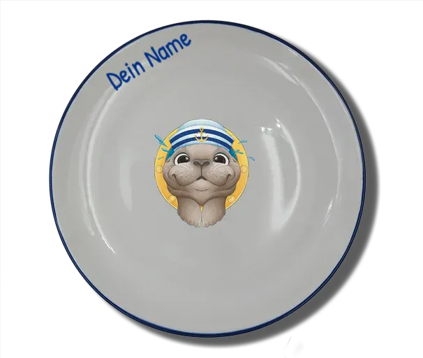 Handgemachter Teller (Ø 20cm) "Bullauge & Seehund" Natur mit Wunschname