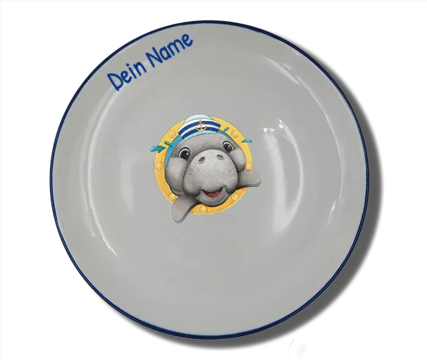 Handgemachter Teller (Ø 20cm) "Bullauge & Seekuh" Natur mit Wunschname