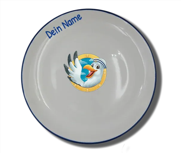 Handgemachter Teller (Ø 20cm) "Bullauge & Möwe" Natur mit Wunschname