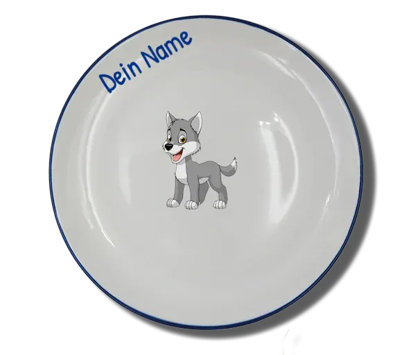 Handgemachter Teller (Ø 20cm) "Wolf" Natur mit Wunschname