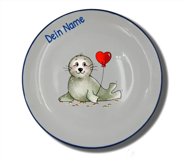 Handgemachter Teller (Ø 20cm) "Seehund Herz" Natur mit Wunschname