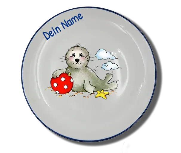 Handgemachter Teller (Ø 20cm) "Seehund Ball" Natur mit Wunschname