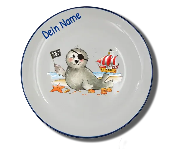 Handgemachter Teller (Ø 20cm) "Seehund Pirat" Natur mit Wunschname