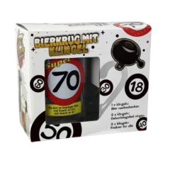 Bierkrug mit Klingel “70. Geburtstag” in der Verpackung