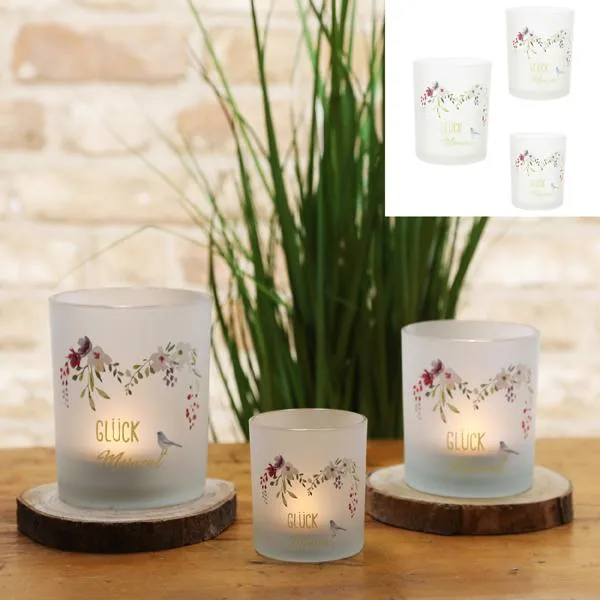 CEPEWA Teelichtglas "GLÜCK Moment" mit Blumen und Vogel