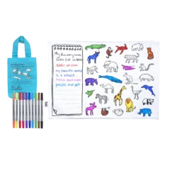 Tischset - Weltkarte mit Tieren und Meeresbewohner - ausmalbar, Rückseite mit einer Liste und Tieren