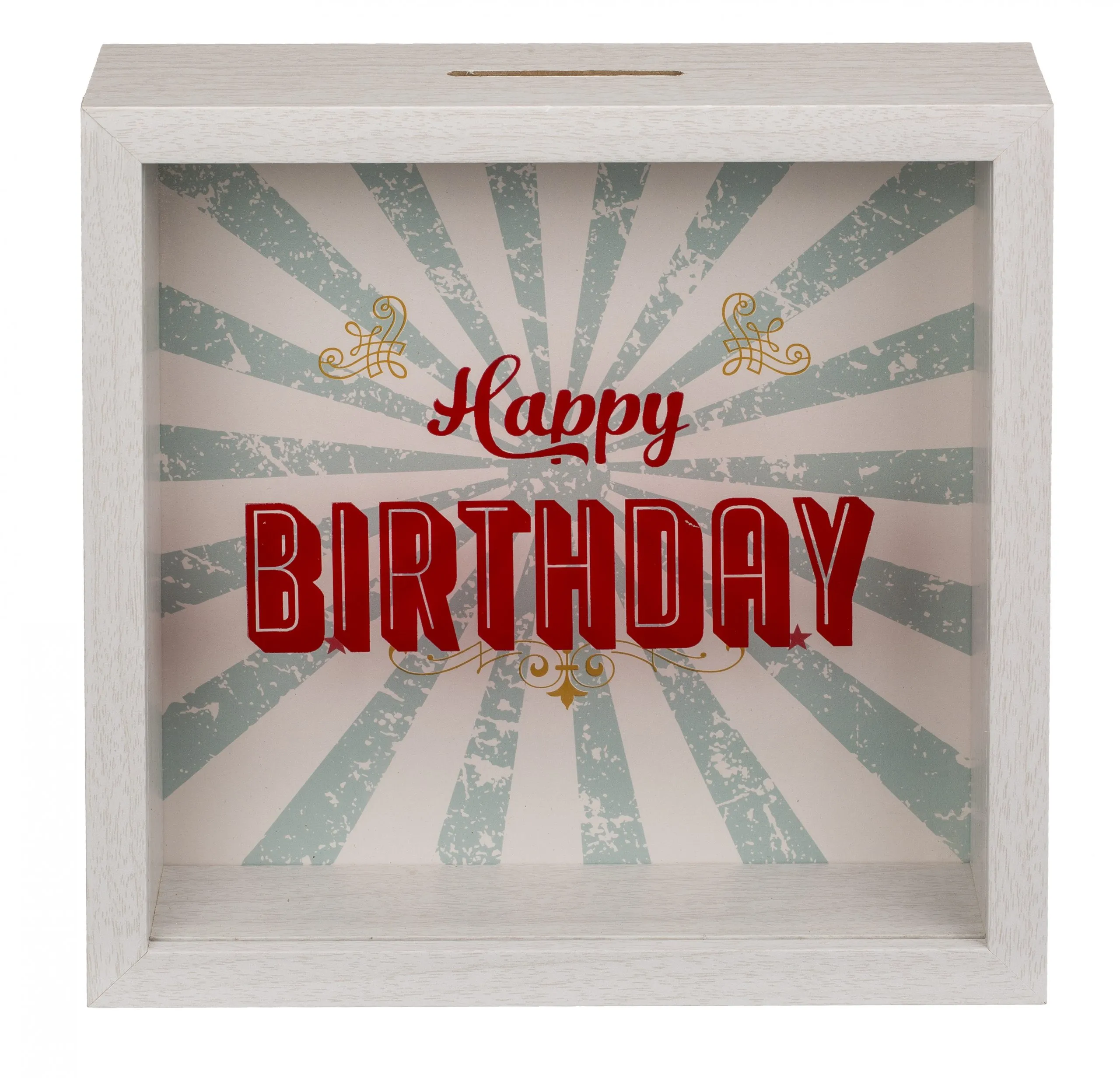 Spardose "Happy Birthday" mit Glasfront Türkis