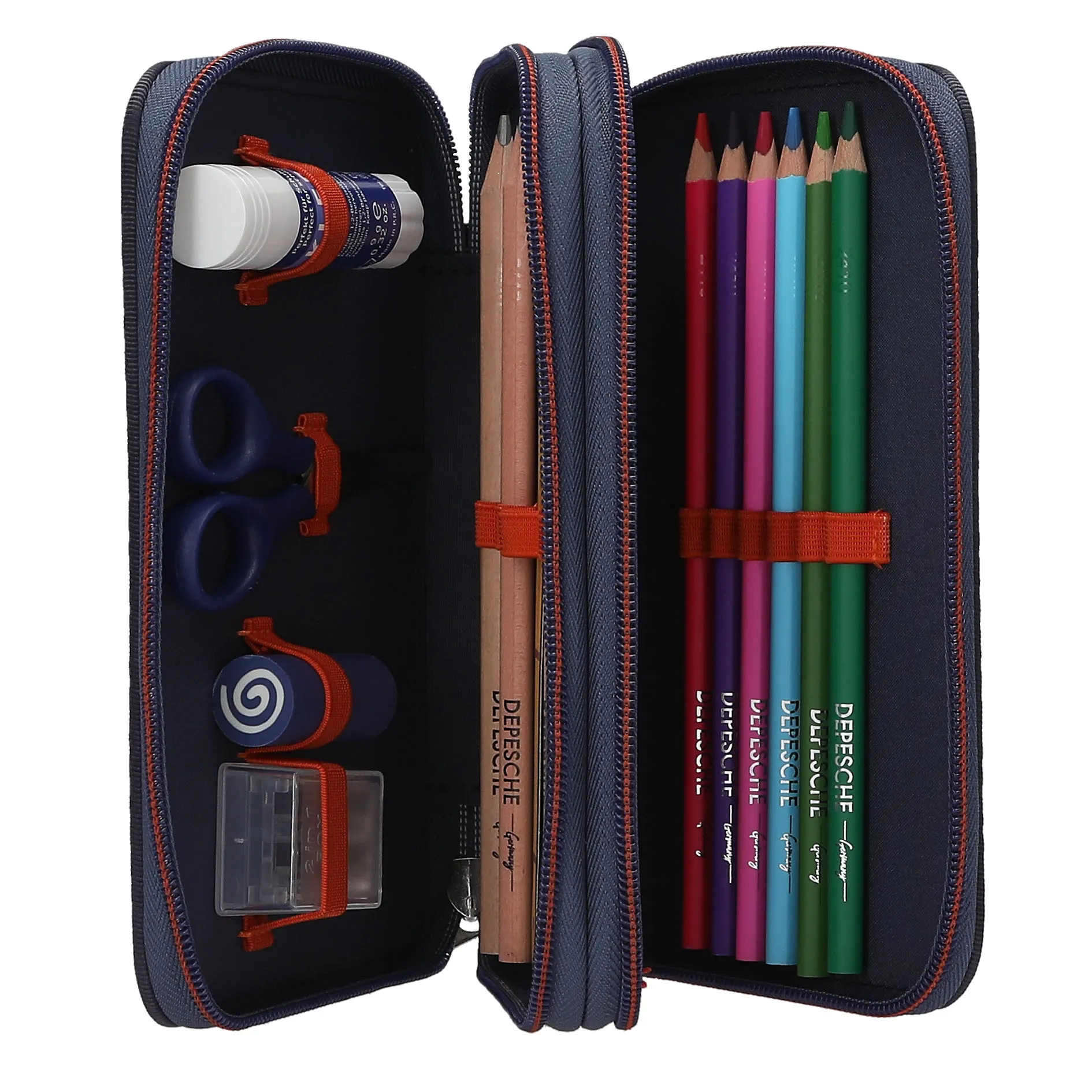 Adventure World 2 Fach Federtasche mit Spinnen-Motiv, geöffnet, mit sichtbarem Zubehör