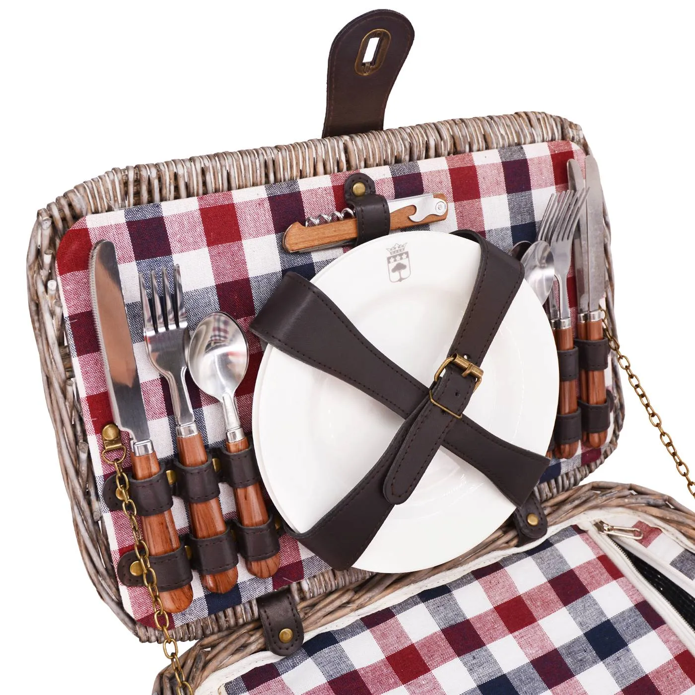 Zeigt den Deckel mit Geschirr und Besteck vom Picknickkorb "Sarlat"