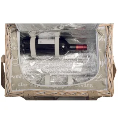 Zeigt das Kühlfach mit einer befestigten Weinflasche vom Picknickkorb