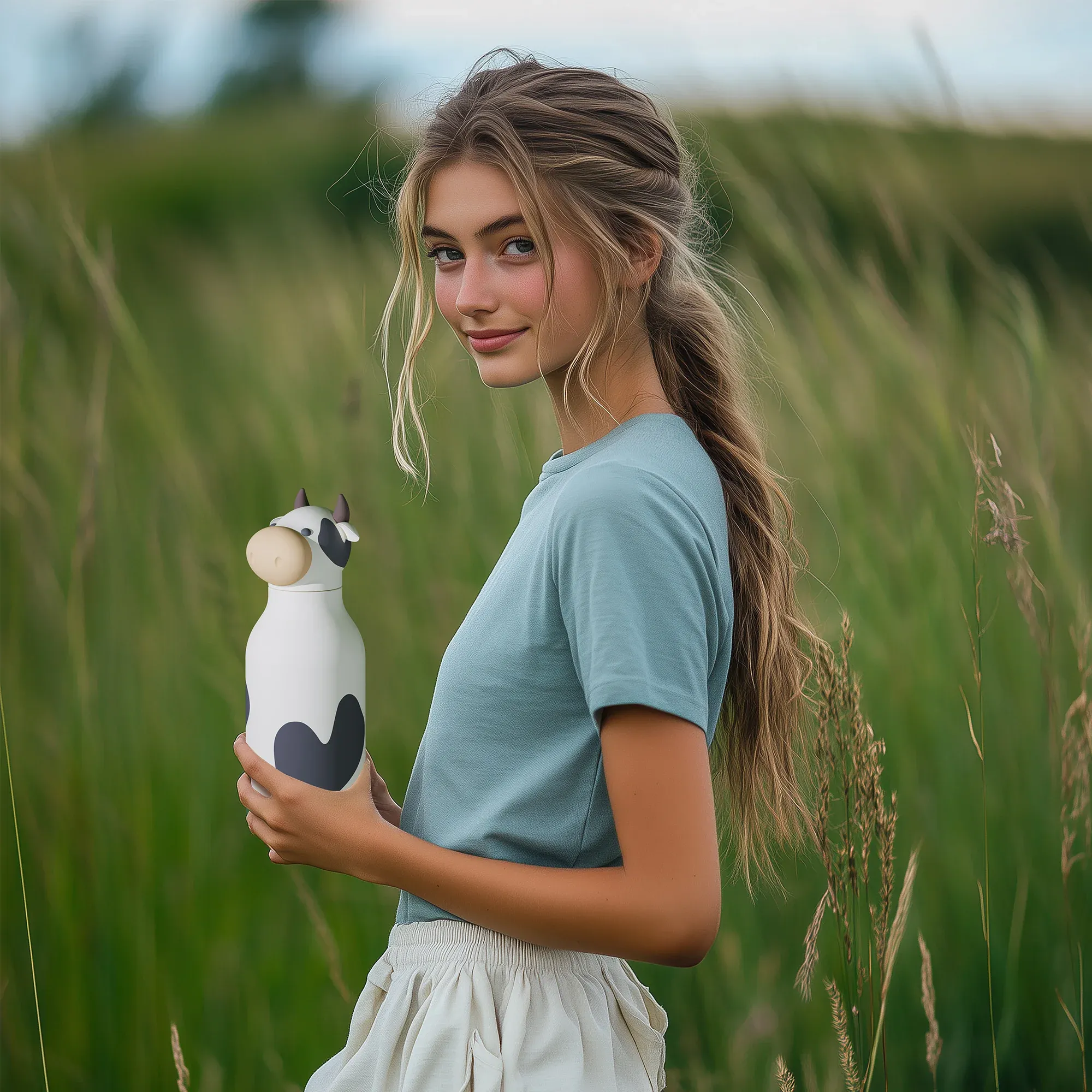 Ein Mädchen steht auf einer Wiese und hält die Thermosflasche ‚Kuh – Bestie Bottle by Asobu‘ in den Händen
