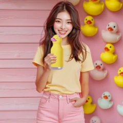 Thermosflasche Ente Ducky - Bestie Bottle by Asobu - Moodbild mit einem asiatischen Mädchen vor einer rosa Wand