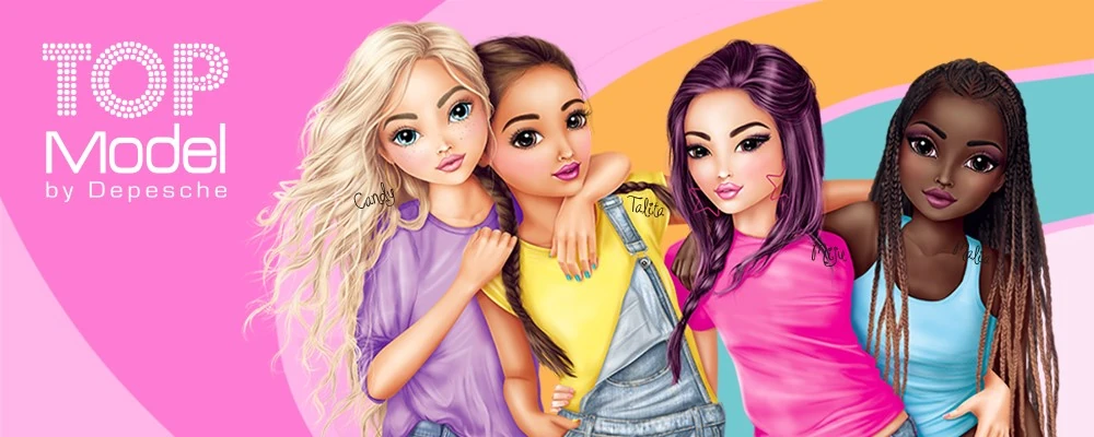 Vier verschiedene Mädchen auf einem bunten Hintergrund sowie das Logo von TopModel by Depesche