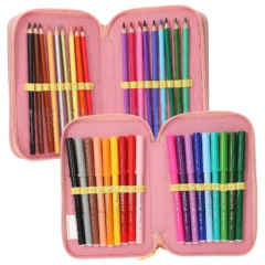 Aufgeklappte TOPModel 3-Fach Federtasche JUICY mit Buntstiften und Filzstiften