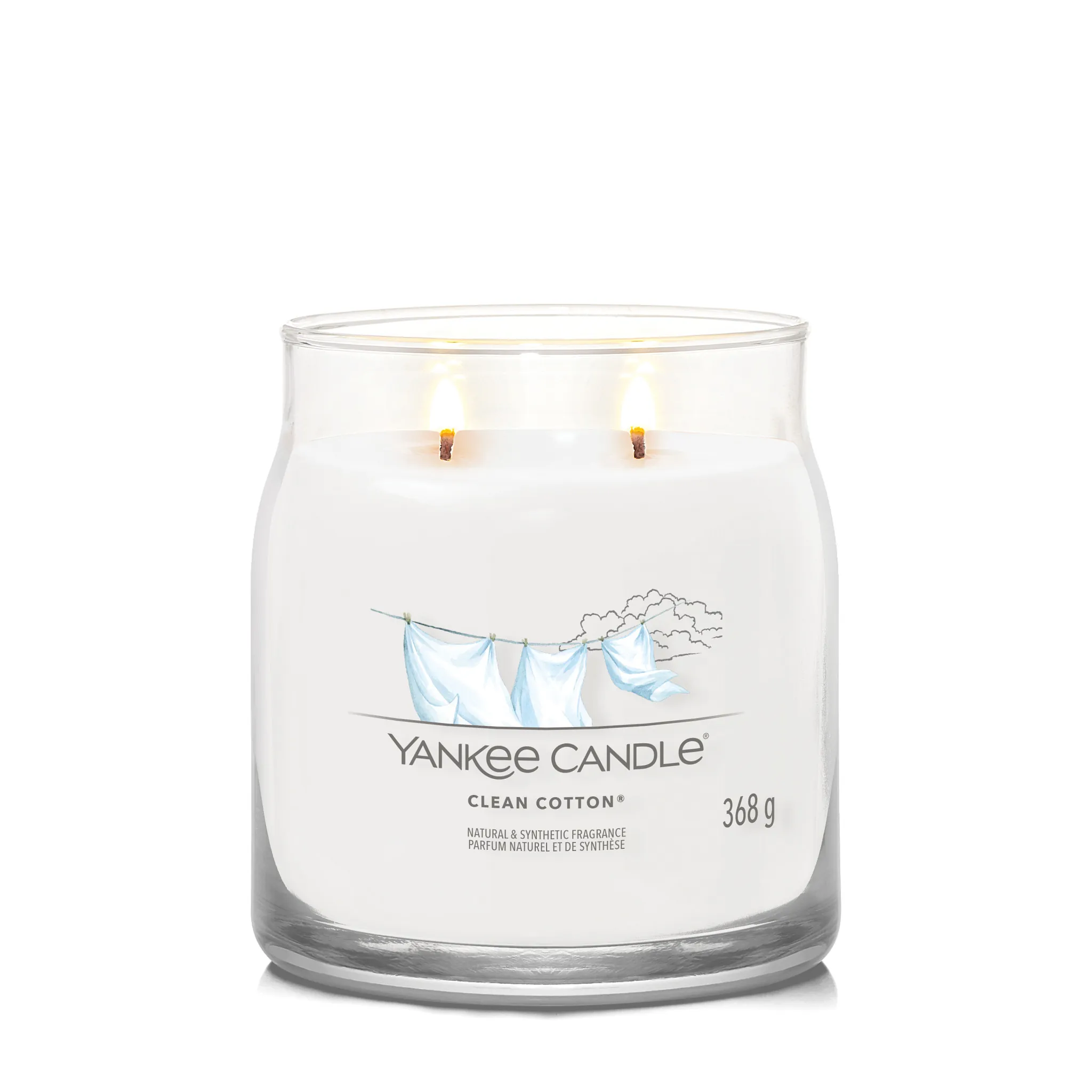Yankee Candle Duftkerze - Clean Cotton, Medium Glas mit brennenden Dochten