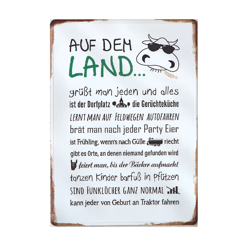 Blechschild "Landleben" mit Spruch und Kuhmotiv